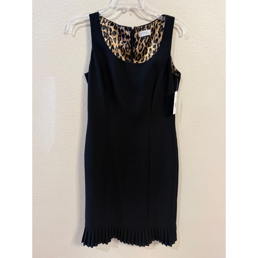 Tahari Arthur S Levine Sheath Dress Women 4 Black New Pleated Hem Leopard Lining